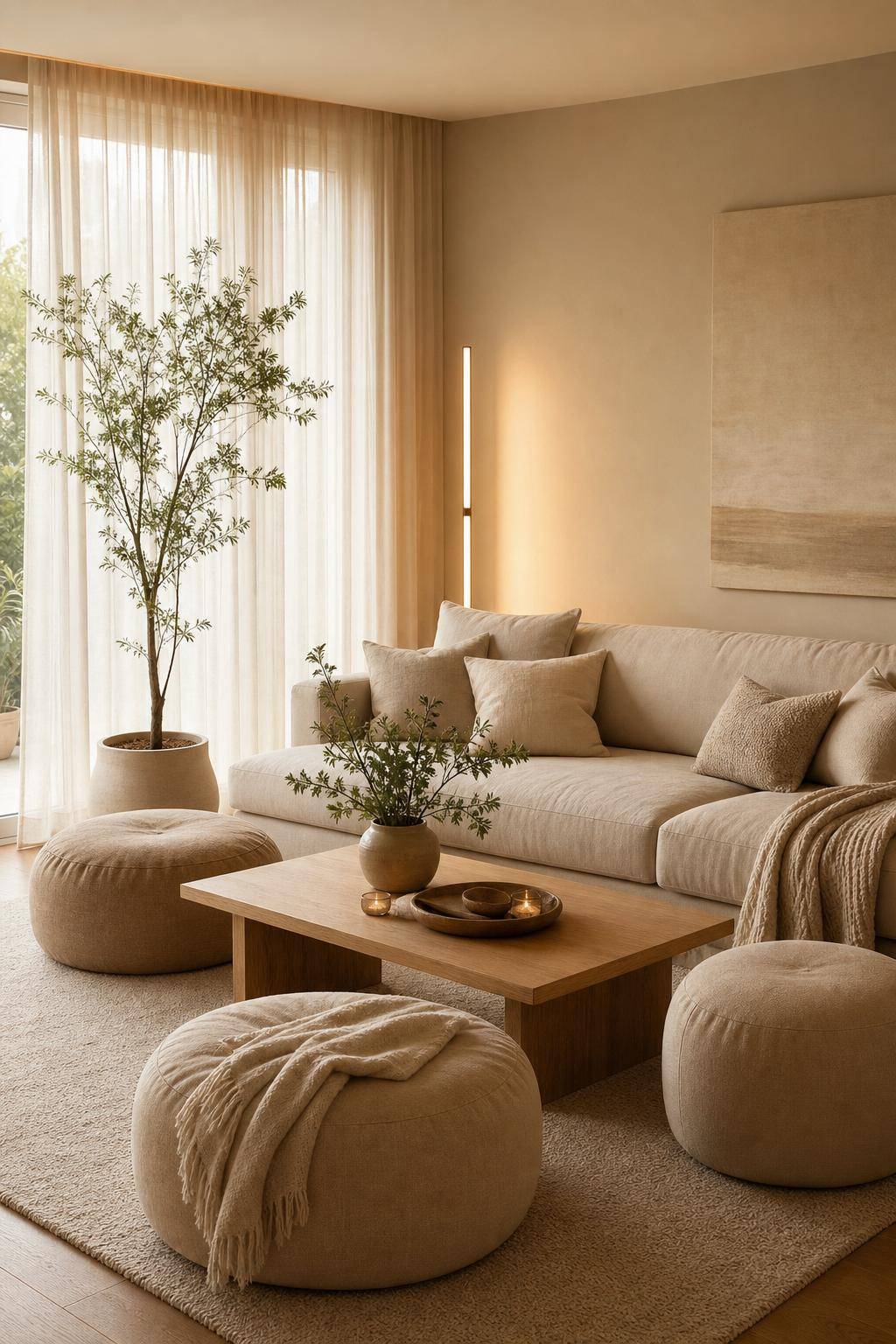 Wohnzimmer in Beige- Schaffe kleine Rückzugsorte mit beigen Poufs