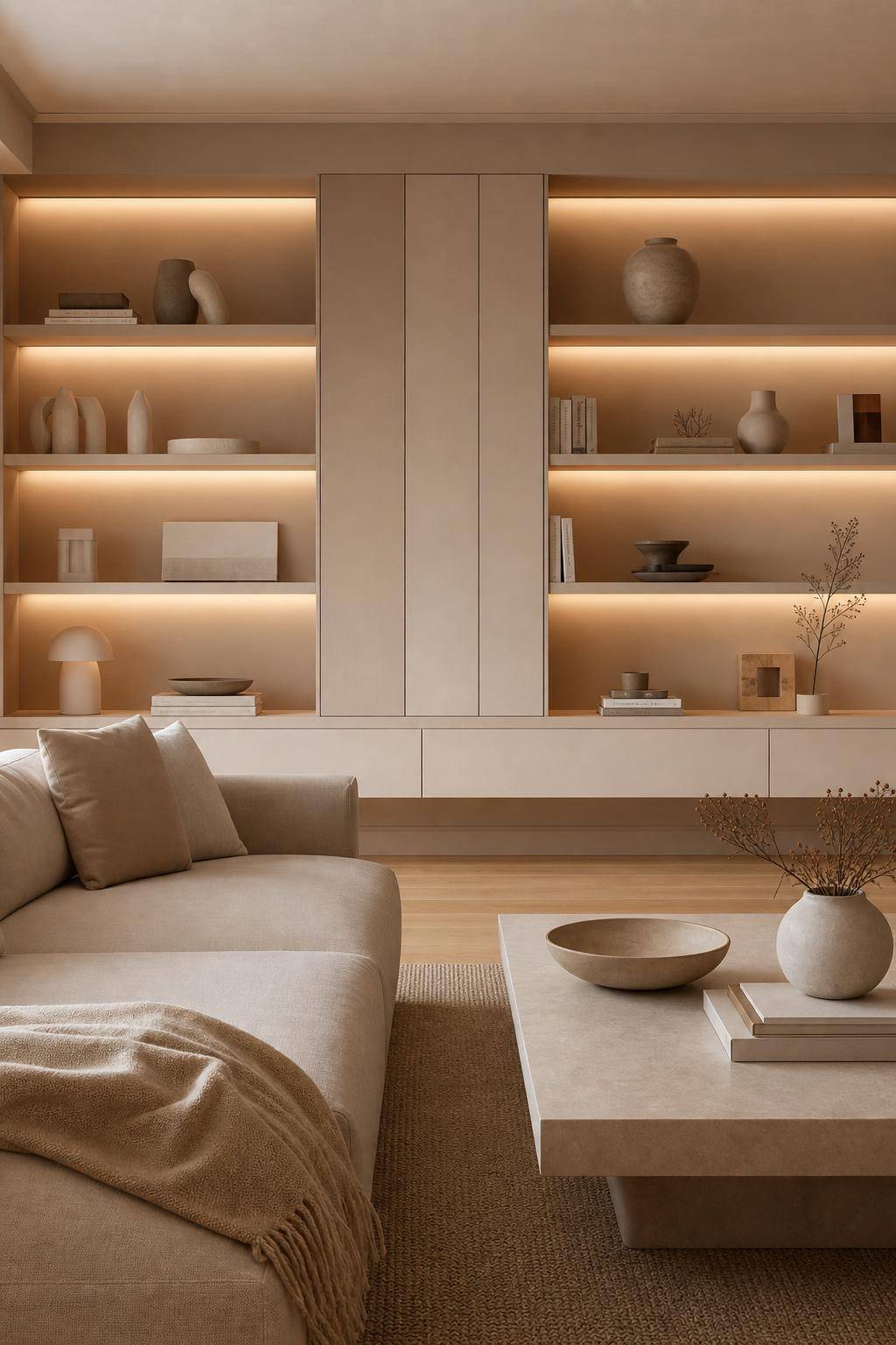Wohnzimmer in Beige- Setze auf minimalistische, beige Regalsysteme
