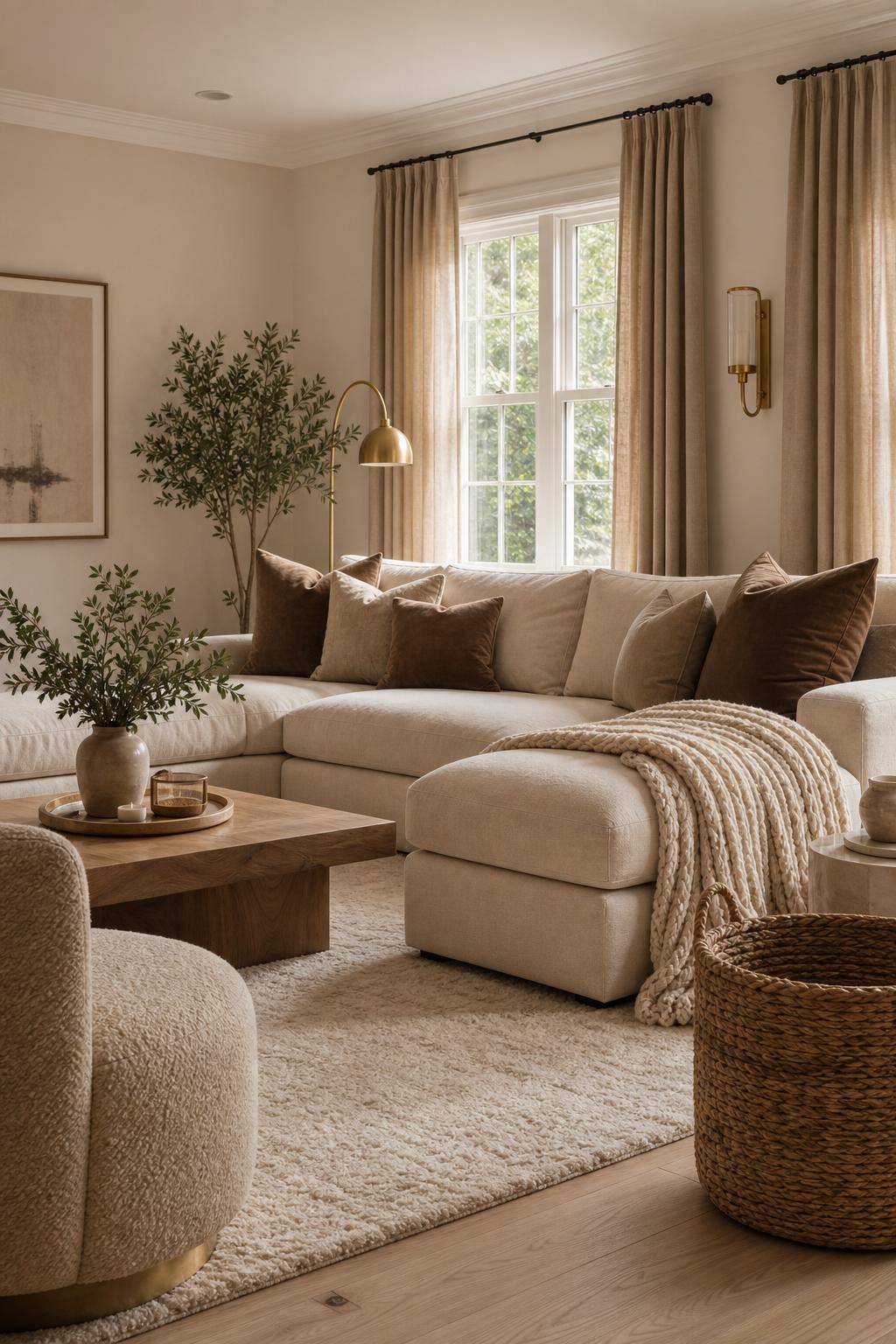 Wohnzimmer in Beige- Spiele mit verschiedenen Texturen im Raum