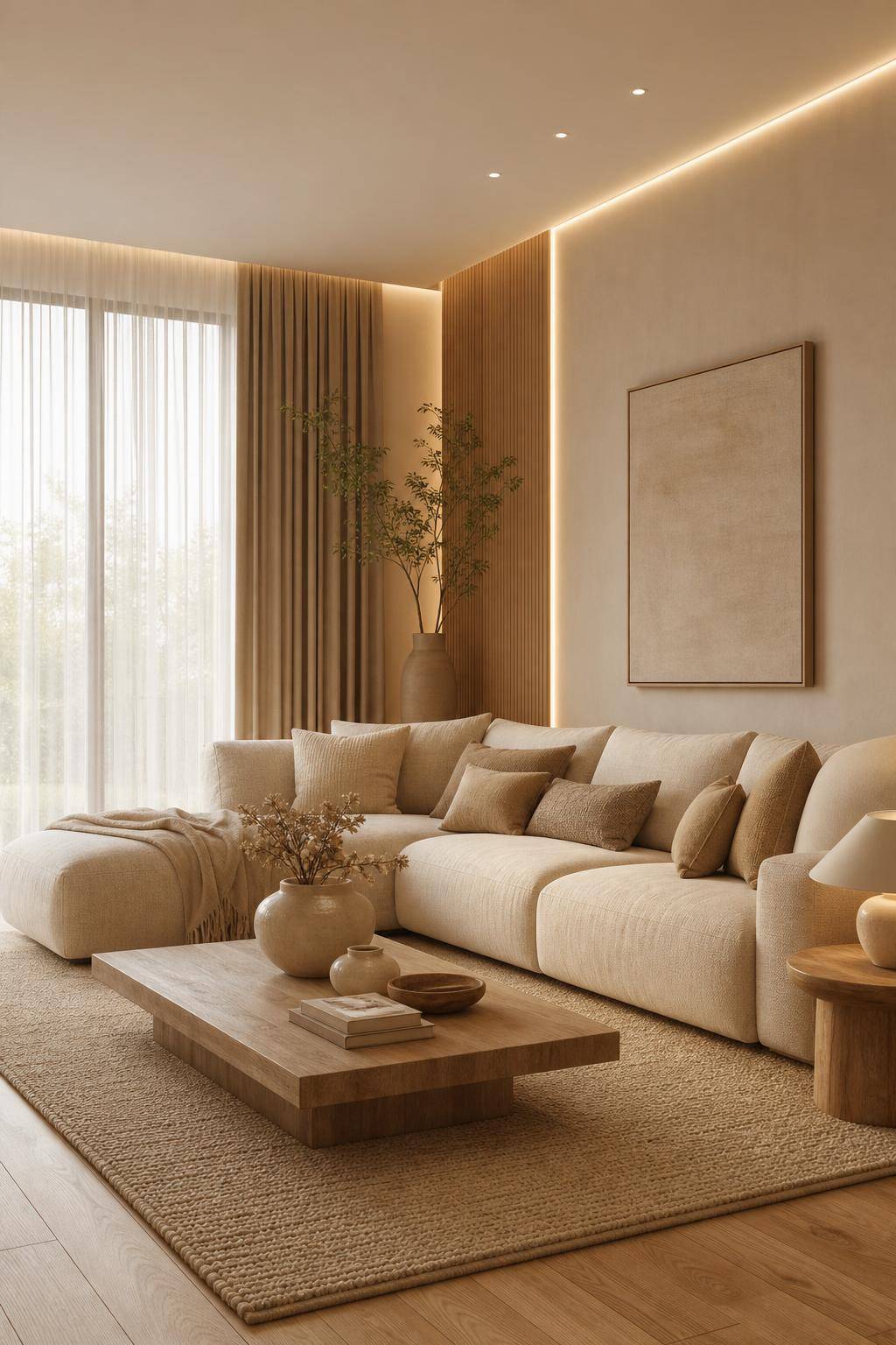 Wohnzimmer in Beige- Verzichte auf grelle Farben zugunsten von Ruhe