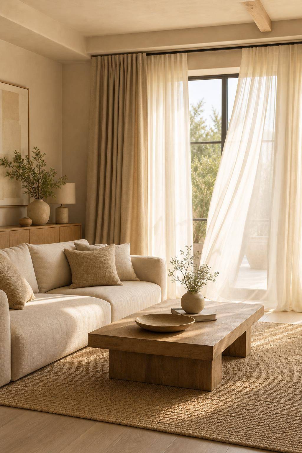 Wohnzimmer in Beige- Wähle Vorhänge in soften Sandnuancen