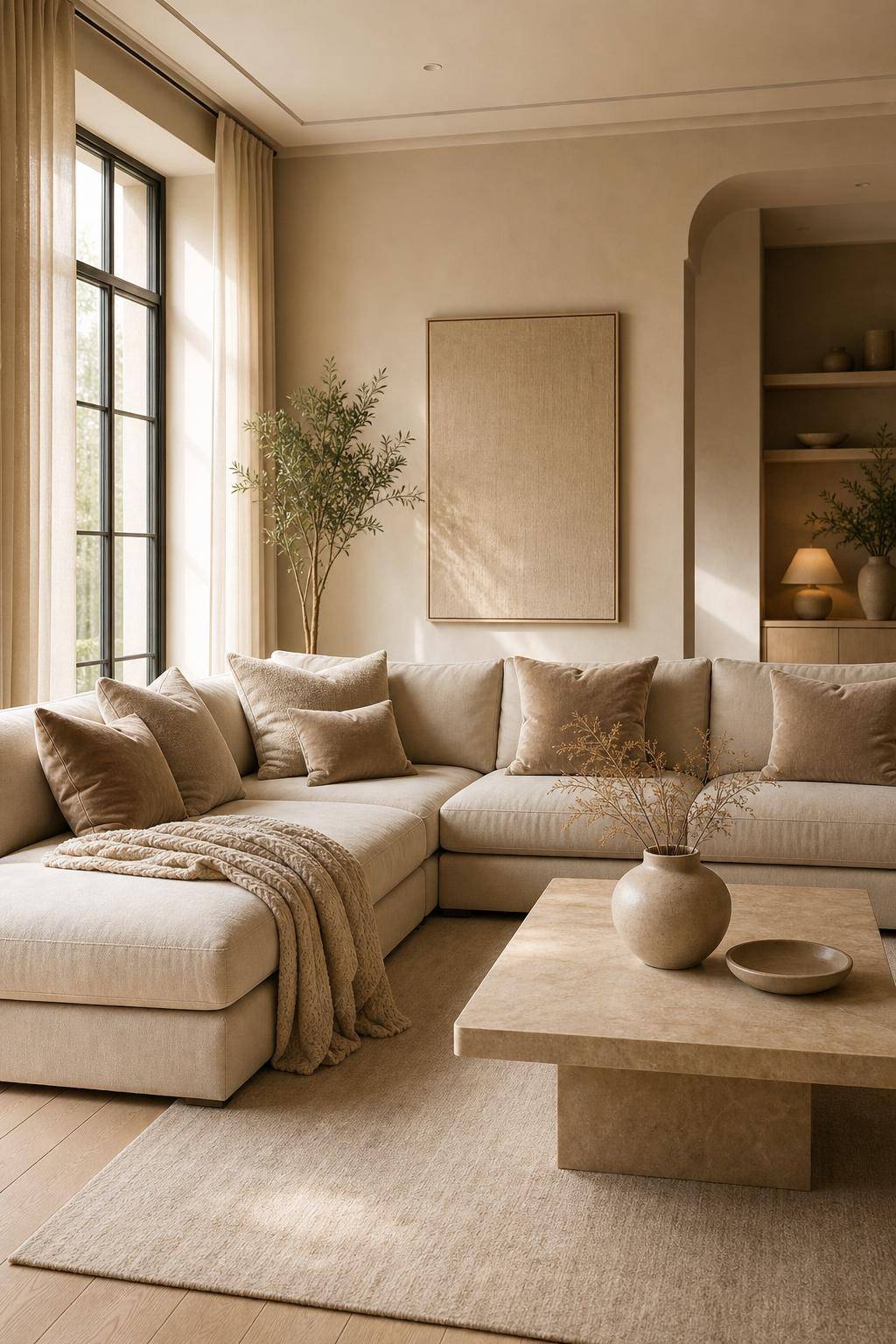 Wohnzimmer in Beige- Wähle samtige Beigekissen für mehr Gemütlichkeit