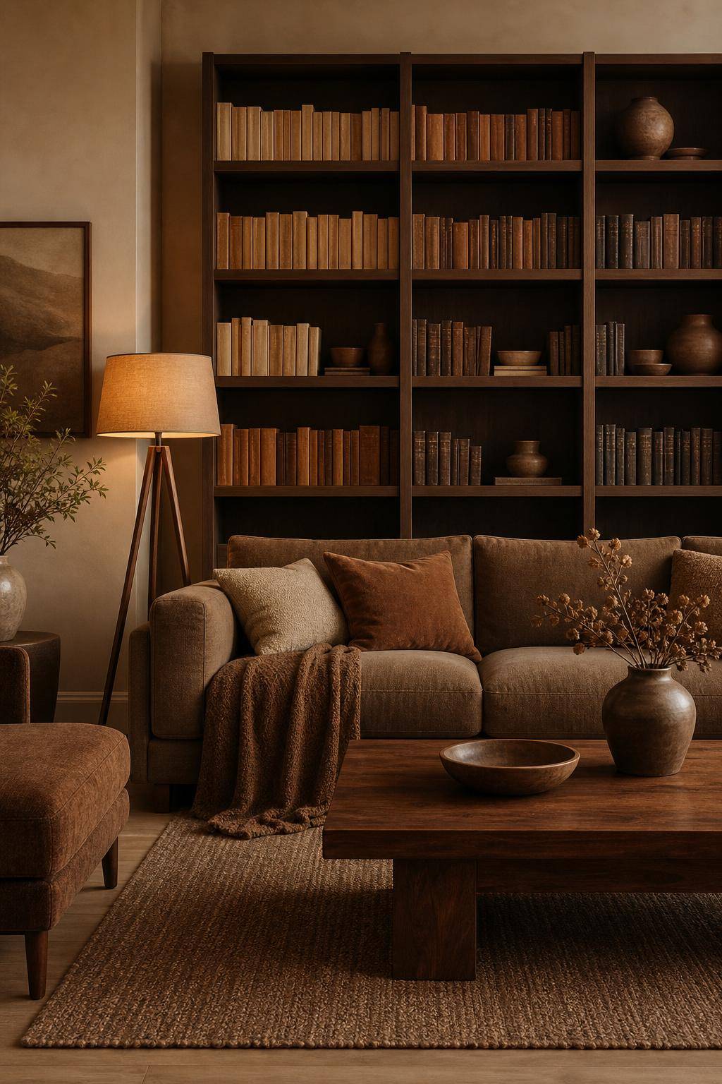 Wohnzimmer in Braun- Arrangiere Bücher farblich nach Brauntönen