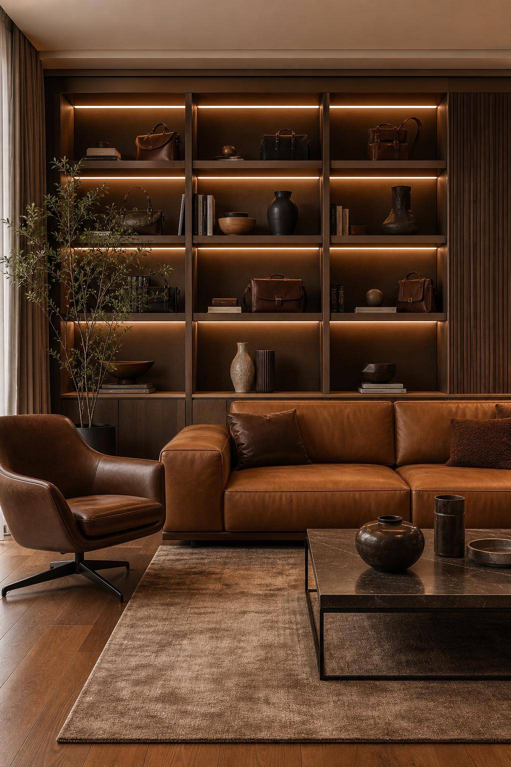 Wohnzimmer in Braun- Bestücke Regale mit Lederaccessoires
