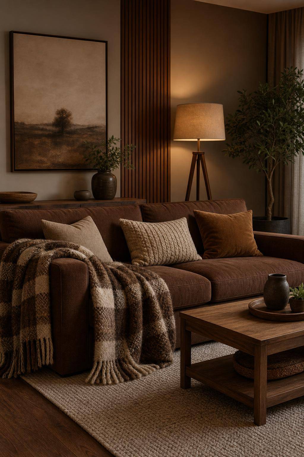 Wohnzimmer in Braun- Bringe Texturen durch grobe Wollplaids ein