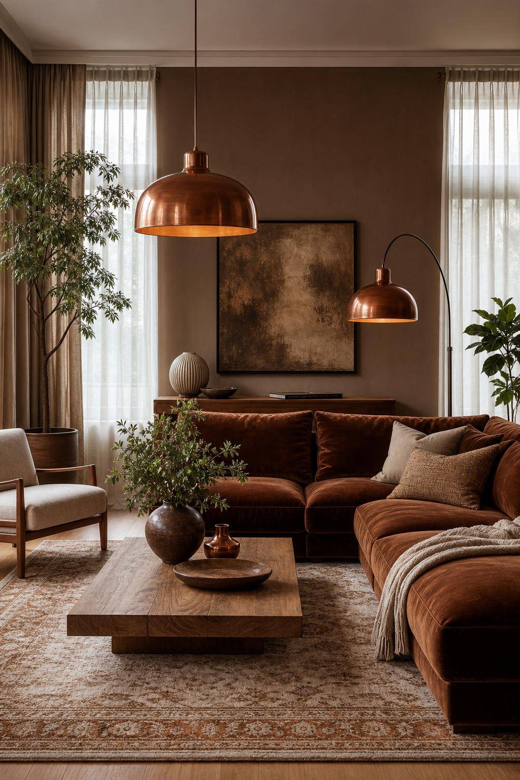 Wohnzimmer in Braun- Experimentiere mit Kupferlampen als Hingucker