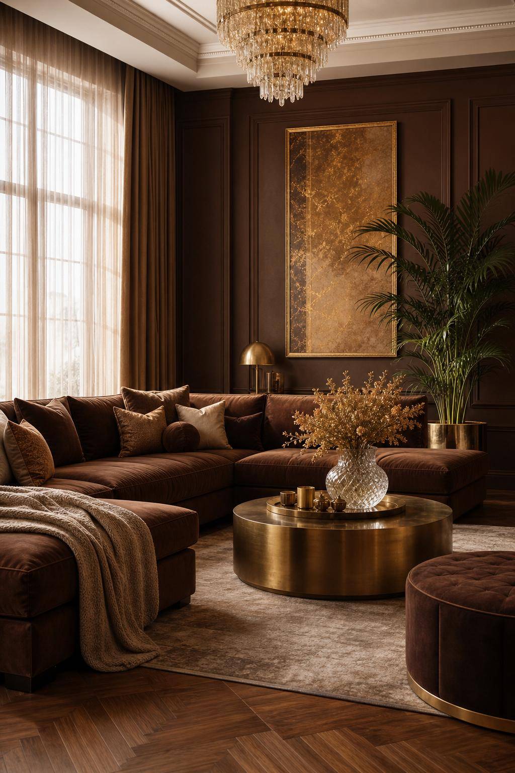 Wohnzimmer in Braun- Integriere goldene Dekoelemente für Glanz