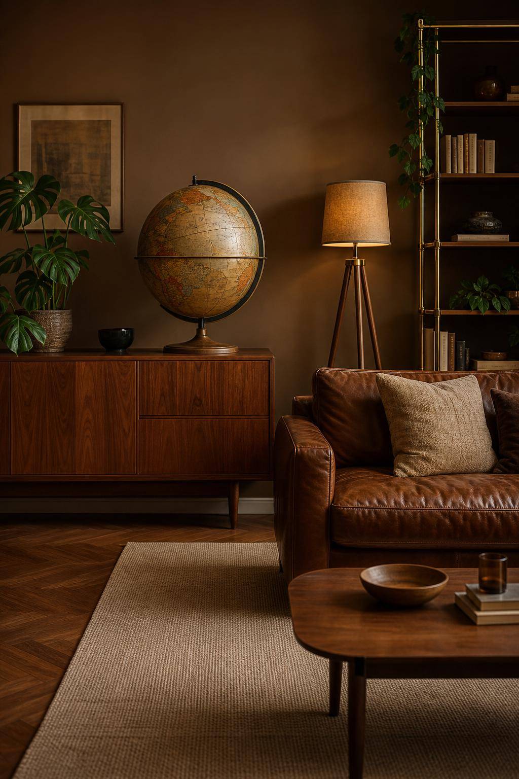 Wohnzimmer in Braun- Platziere einen großen Vintage-Globus als Highlight
