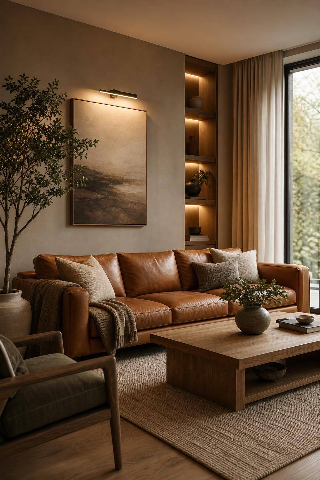 Wohnzimmer in Braun- Setze Akzente mit cognacfarbenem Leder