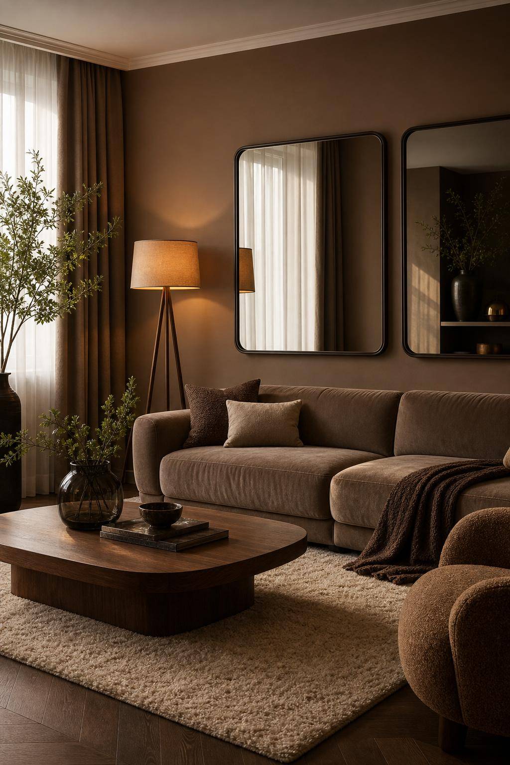 Wohnzimmer in Braun- Spiegele Licht mit rauchigen Spiegelrahmen wider