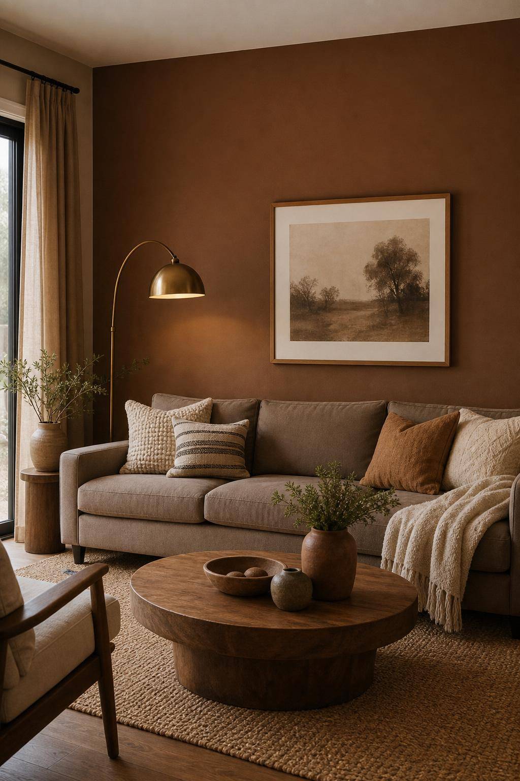 Wohnzimmer in Braun- Streiche eine Wand in Schlammfarbe