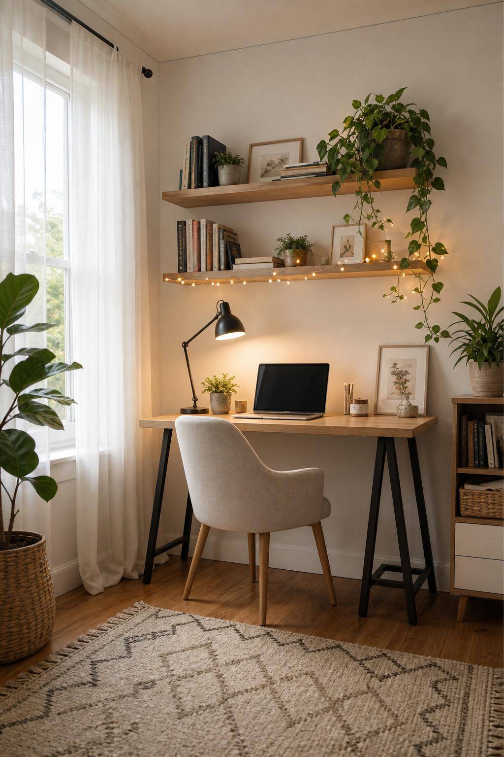 kleines Arbeitszimmer einrichten- Experimentiere mit dekorativen Lichterketten
