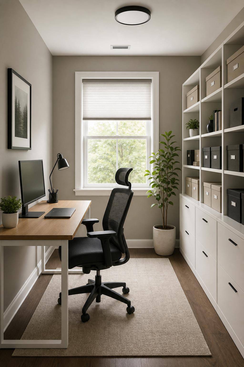 kleines Arbeitszimmer einrichten- Lagere Zubehör in beschrifteten Boxen