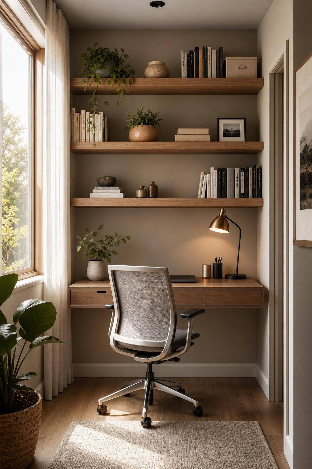 kleines Arbeitszimmer einrichten- Ordne Möbel platzsparend entlang der Wand