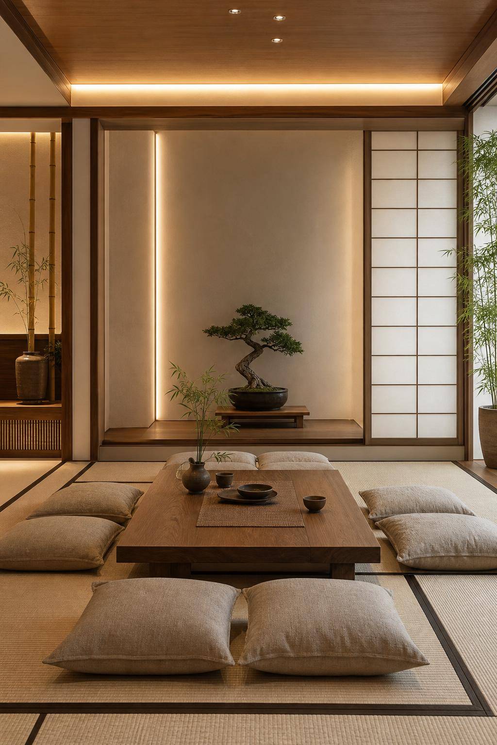 Asiatischer Einrichtungsstil- Arrangiere Sitzkissen auf dem Boden