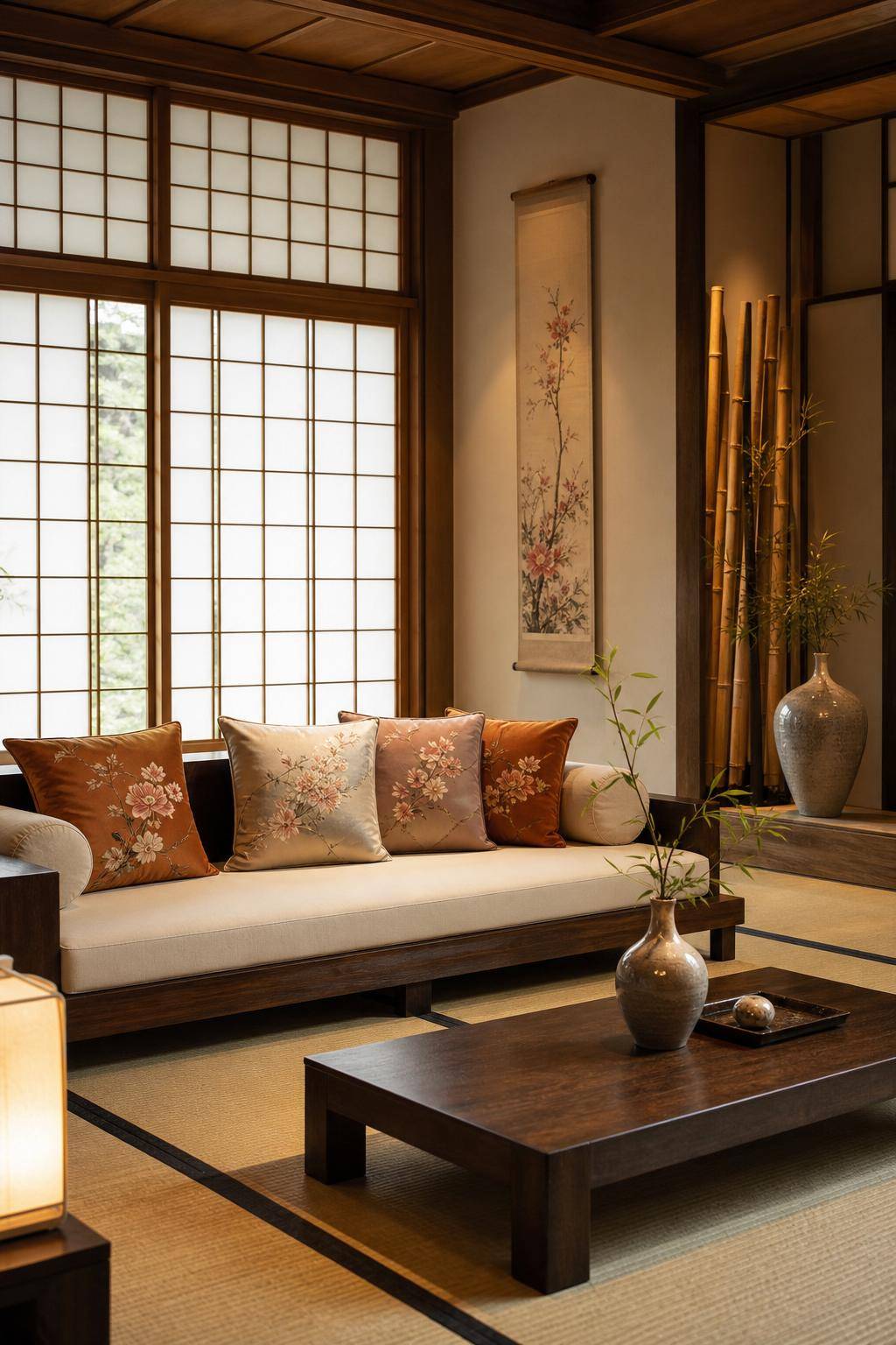 Asiatischer Einrichtungsstil- Ergänze mit Seidenkissen florale Muster