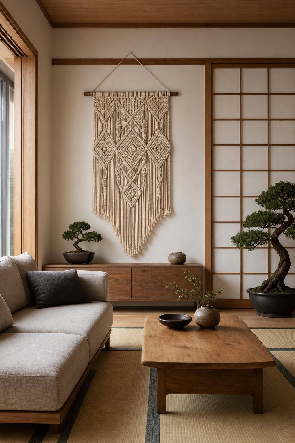 Asiatischer Einrichtungsstil- Hänge Makramees im japanischen Stil auf