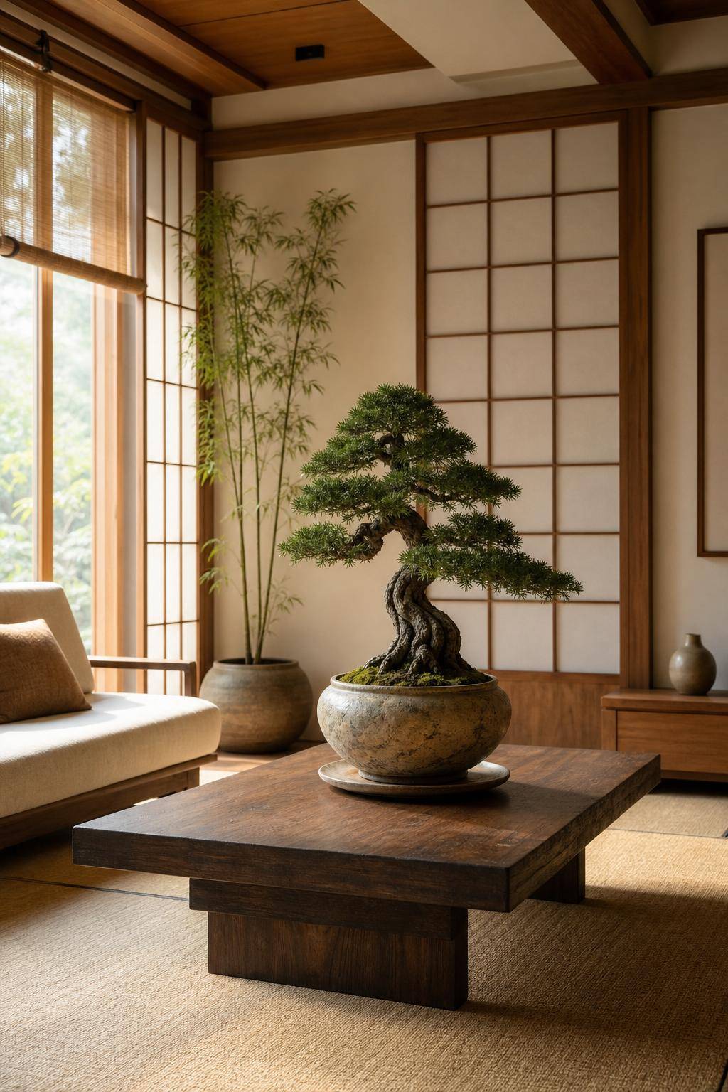Asiatischer Einrichtungsstil- Pflanze einen Bonsai im Wohnzimmer