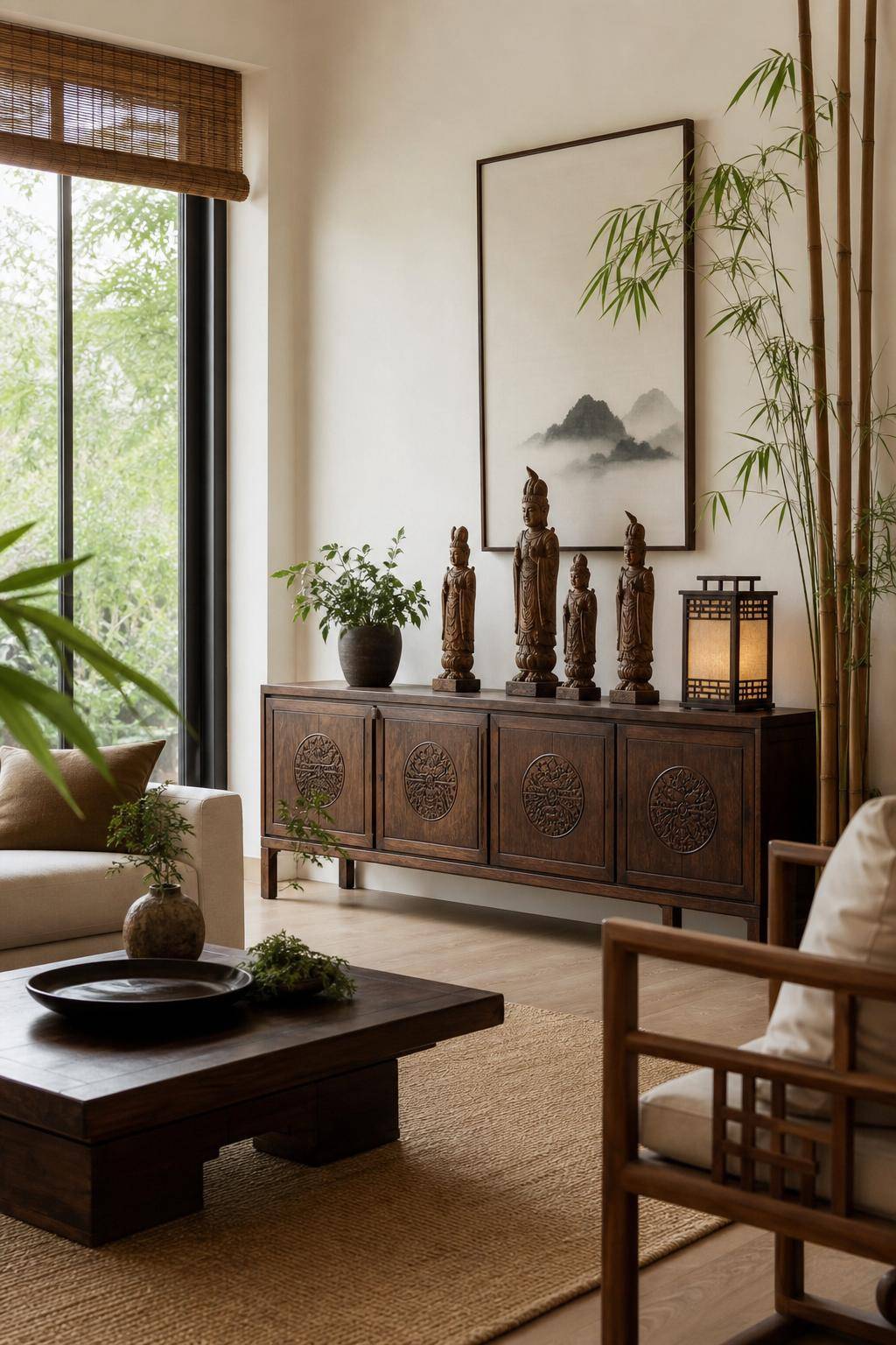 Asiatischer Einrichtungsstil- Positioniere asiatische Holzfiguren auf Sideboards