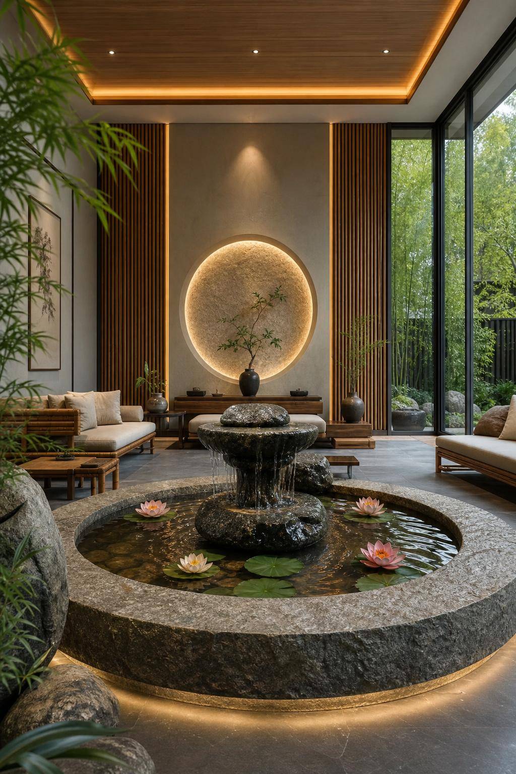 Asiatischer Einrichtungsstil- Setze Zimmerbrunnen für beruhigenden Wasserklang ein