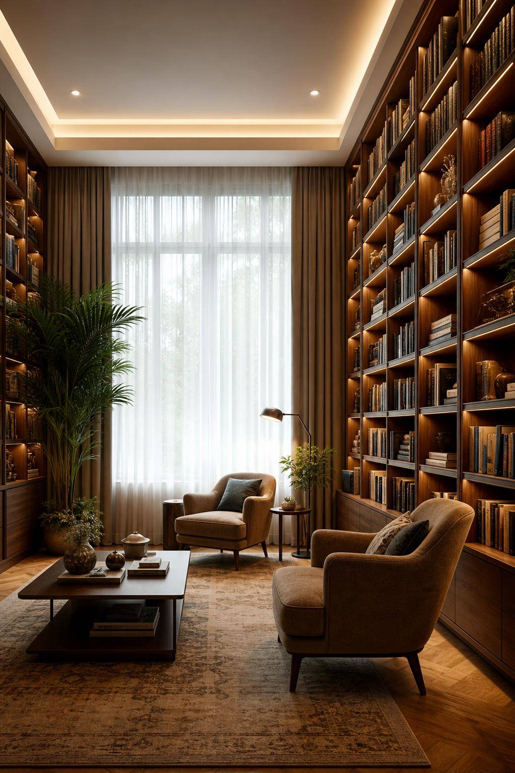 Bibliothek zuhause einrichten- Experimentiere mit indirektem Licht für Wohlfühlatmosphäre