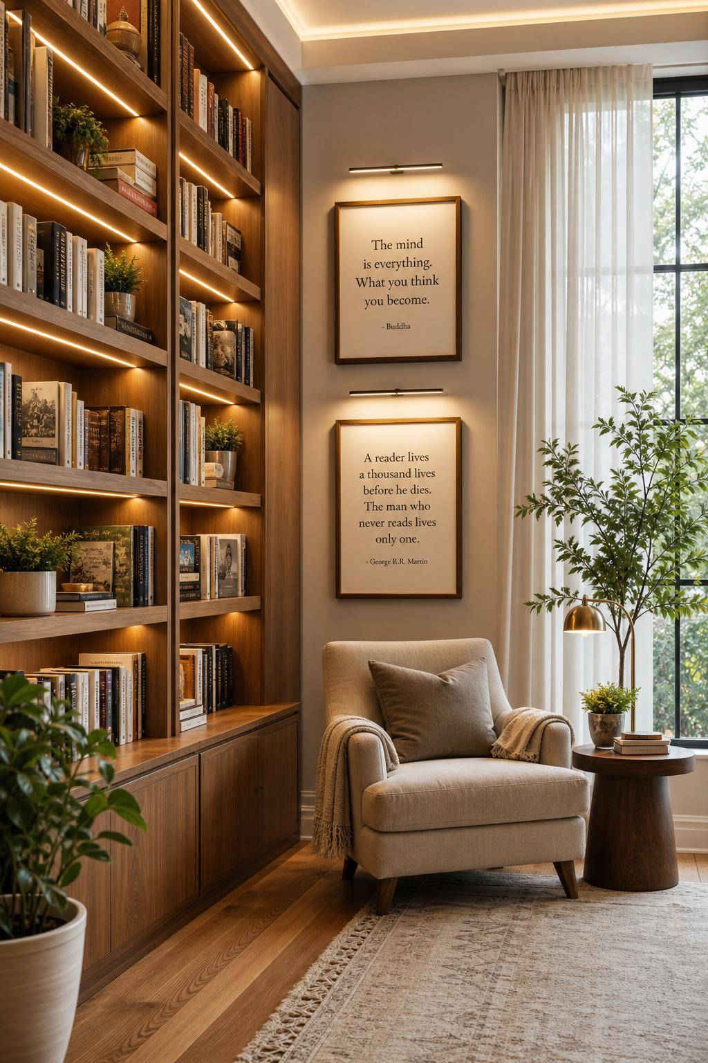 Bibliothek zuhause einrichten- Hänge inspirierende Literaturzitate an die Wände