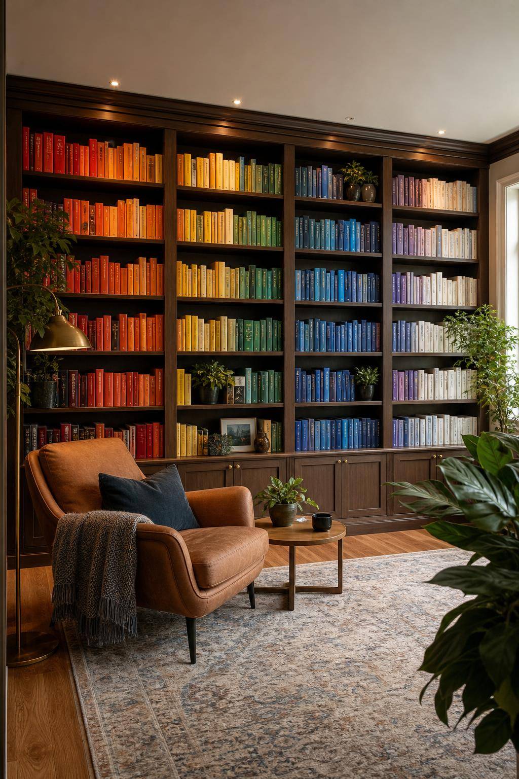 Bibliothek zuhause einrichten- Ordne Bücher nach Farbverlauf für Harmonie