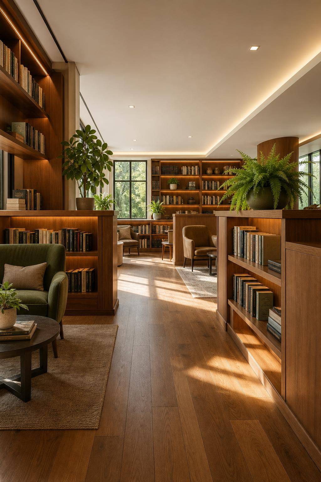 Bibliothek zuhause einrichten- Trenne Bereiche mit halbhohen Bücherwänden ab