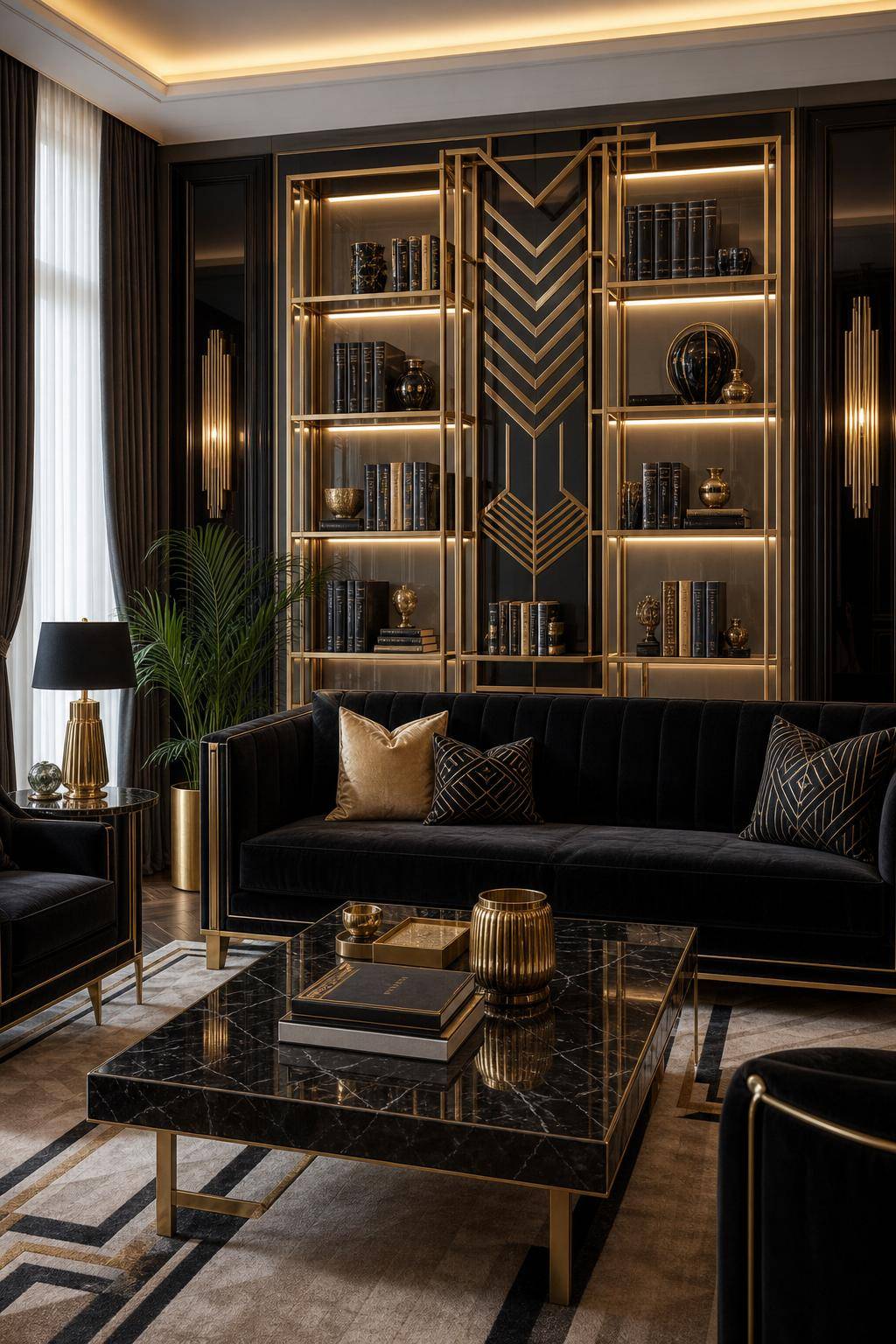 Einrichtung im Art-Deco-Stil - Arrangiere dekorative Bücher in Gold und Schwarz