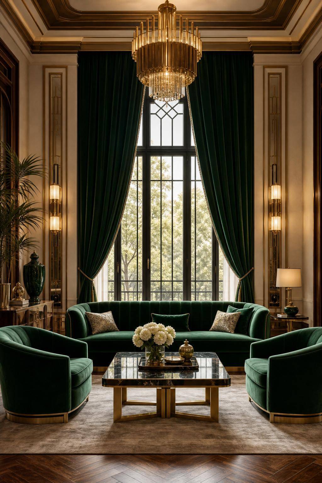 Einrichtung im Art-Deco-Stil - Betone Fenster mit schweren Vorhängen in Smaragdgrün