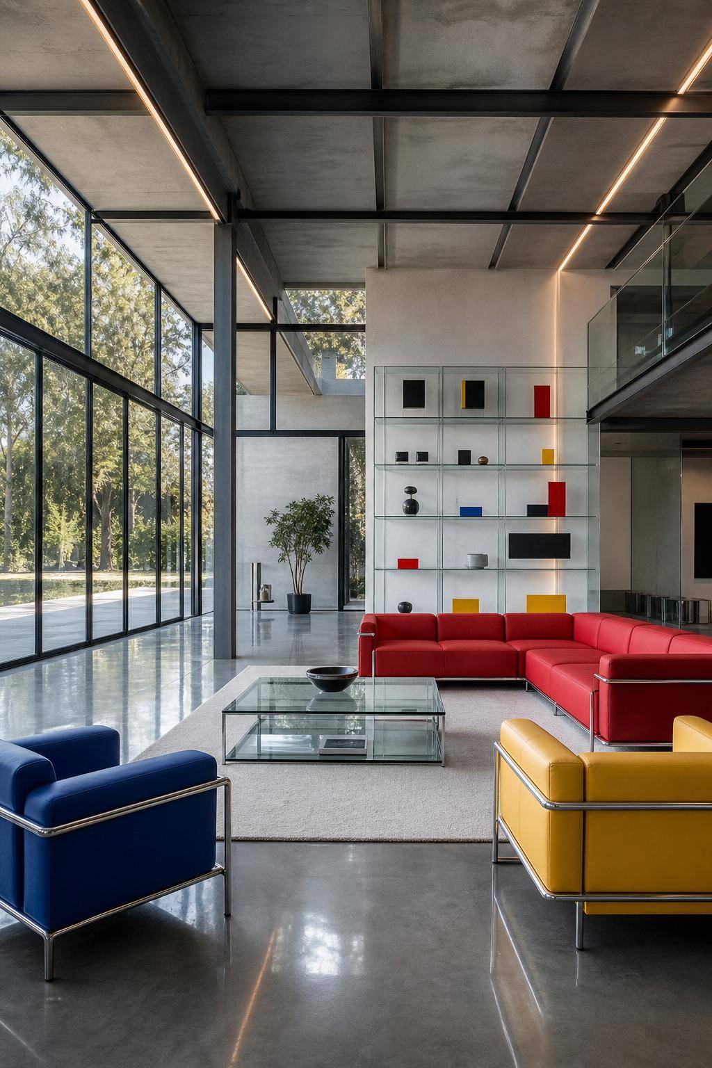 Einrichtung im Bauhausstil- Zeige Transparenz durch Glas und offene Strukturen