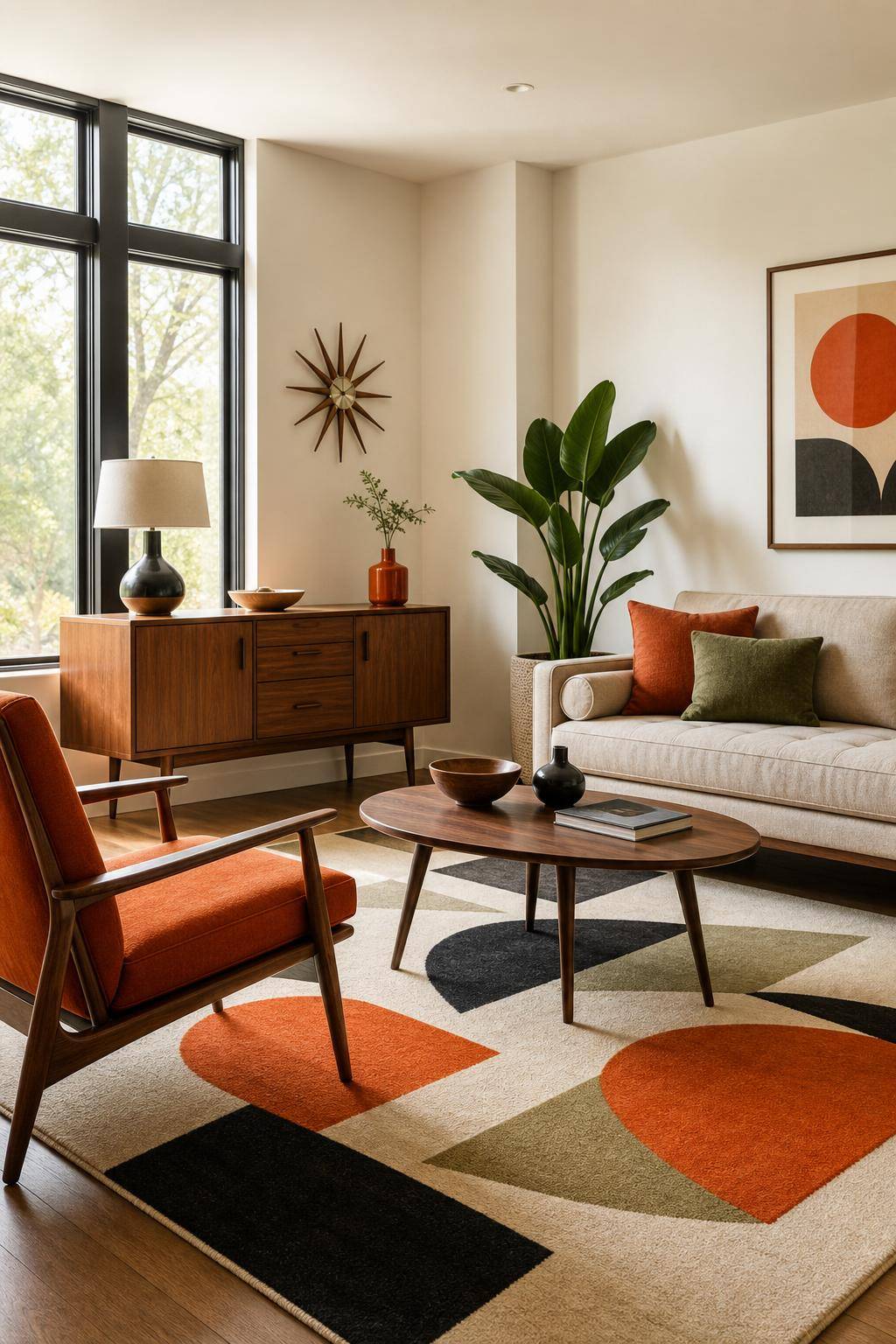 Einrichtungsstil: Mid Century Modern- Betone Geometrie durch Teppiche