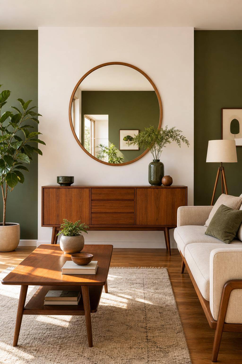 Einrichtungsstil: Mid Century Modern- Hänge Spiegel mit Holzrahmen auf