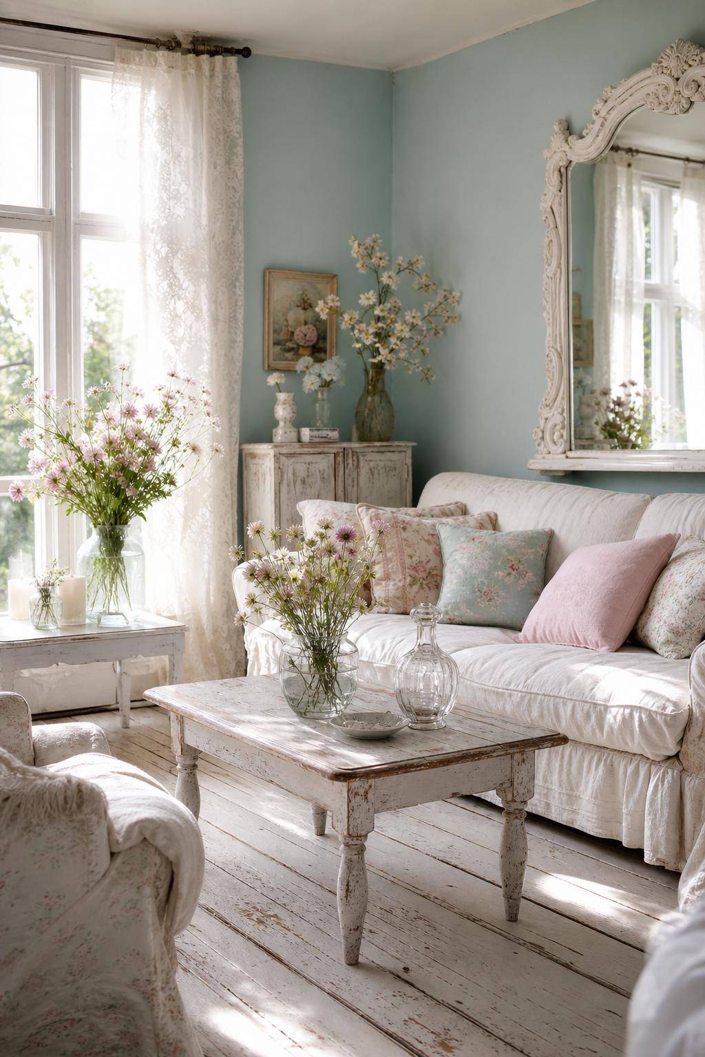 Einrichtungsstil: Shabby Chic-Kombiniere zarte Pastelltöne mit weißen Accessoires