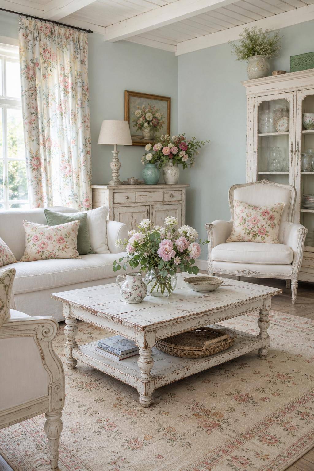 Einrichtungsstil: Shabby Chic- Integriere florale Muster bei Kissen und Vorhängen