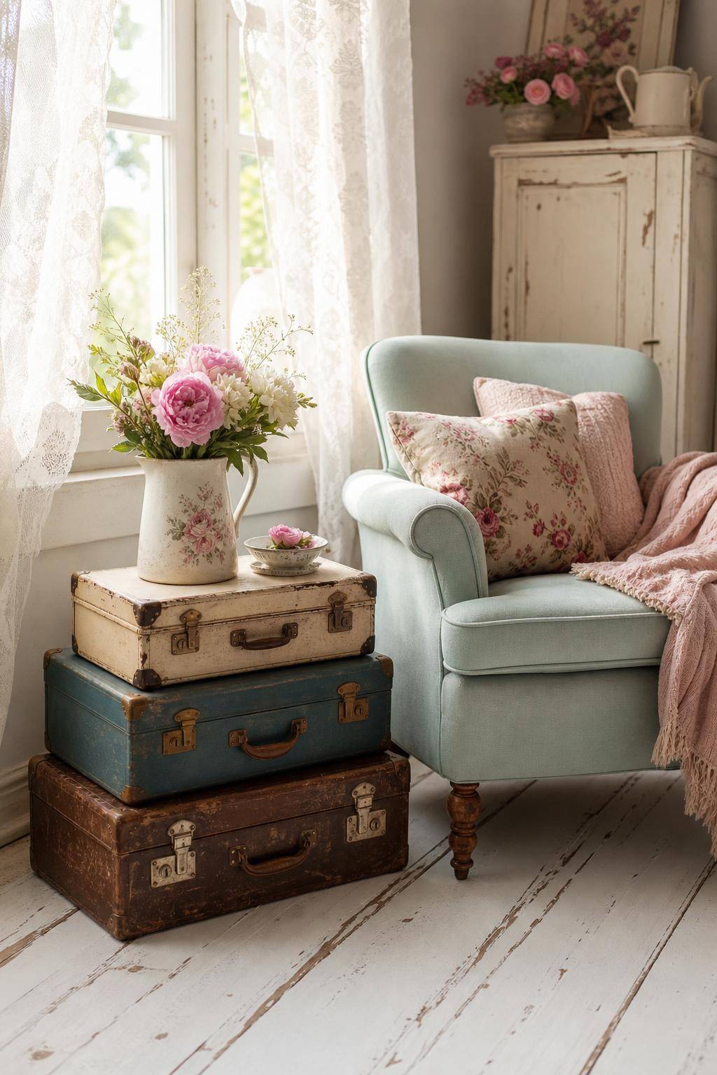Einrichtungsstil: Shabby Chic- Staple alte Koffer als charmante Ablage