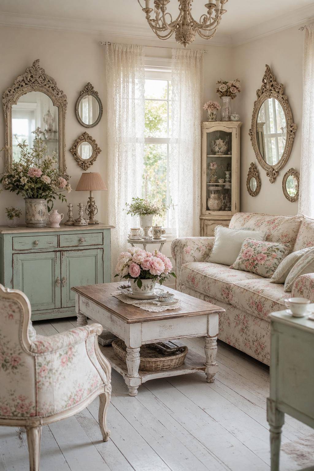 Einrichtungsstil: Shabby Chic- Verteile kleine Spiegel im antiken Rahmen für Leichtigkeit