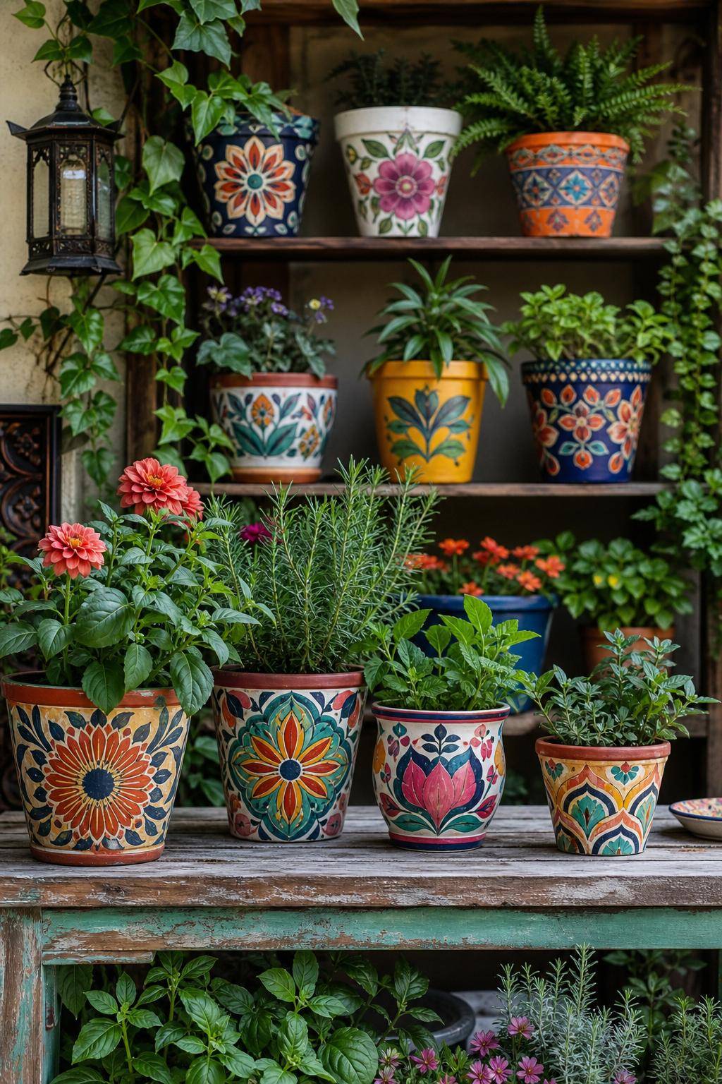 Garten-Upcycling-Ideen-Bemale alte Töpfe mit bunten Mustern