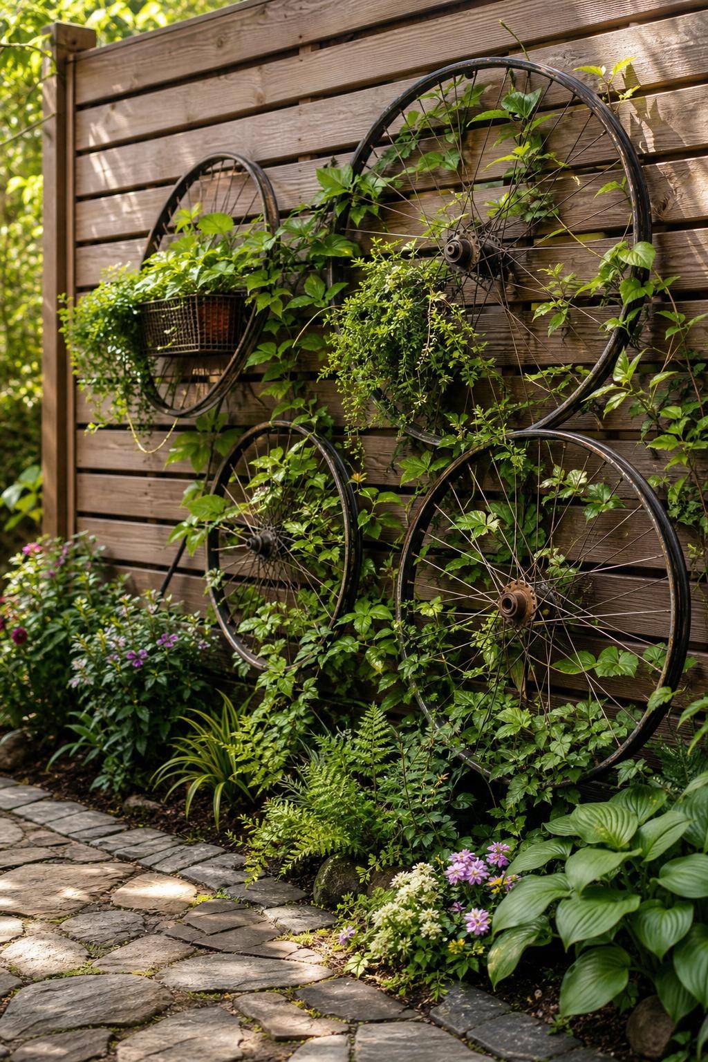 Garten-Upcycling-Ideen- Bastle aus Fahrradreifen kreative Rankhilfen