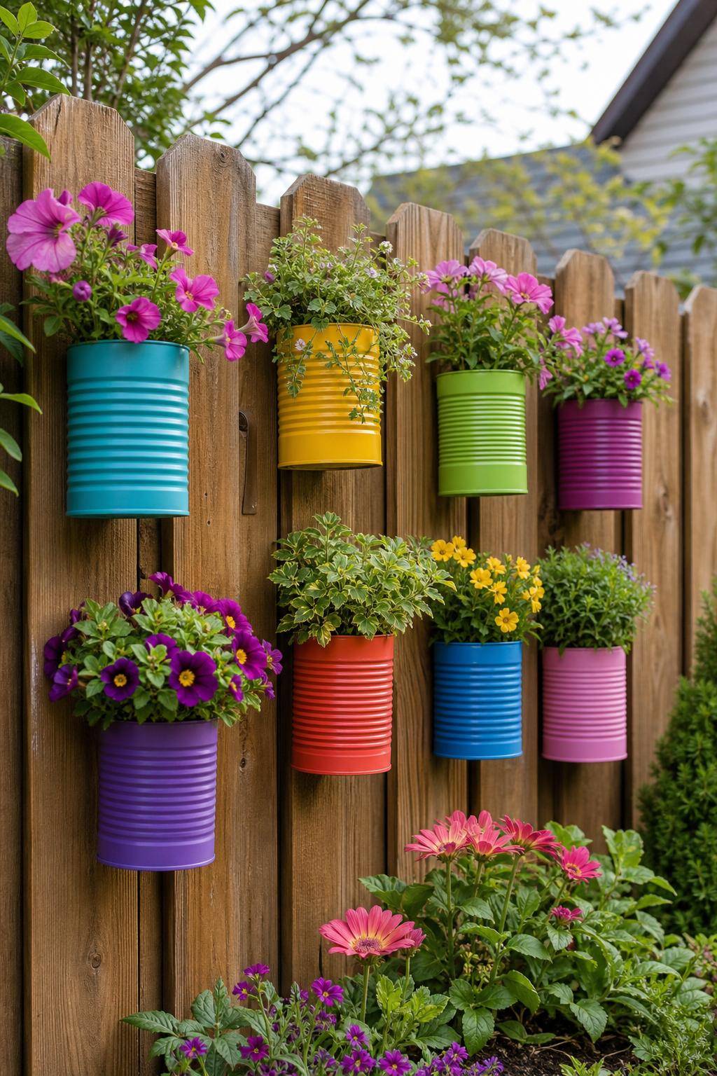 Garten-Upcycling-Ideen- Baue aus Konservendosen bunte Hängeampeln