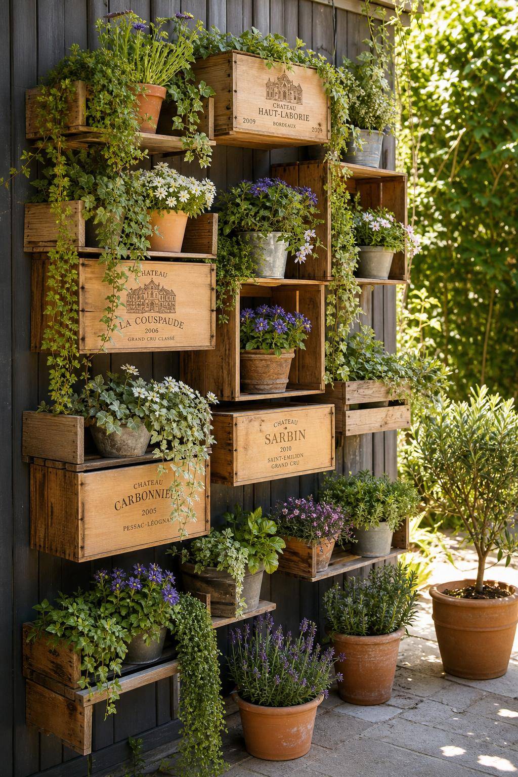 Garten-Upcycling-Ideen- Baue aus Weinkisten dekorative Pflanzregale