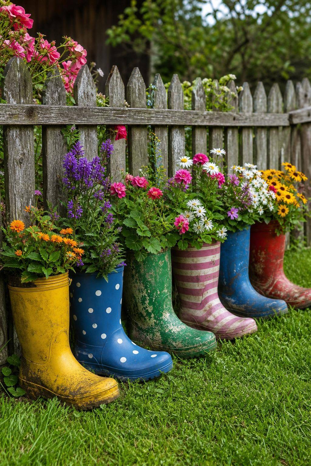 Garten-Upcycling-Ideen- Bepflanze Gummistiefel als witzige Blumenvasen