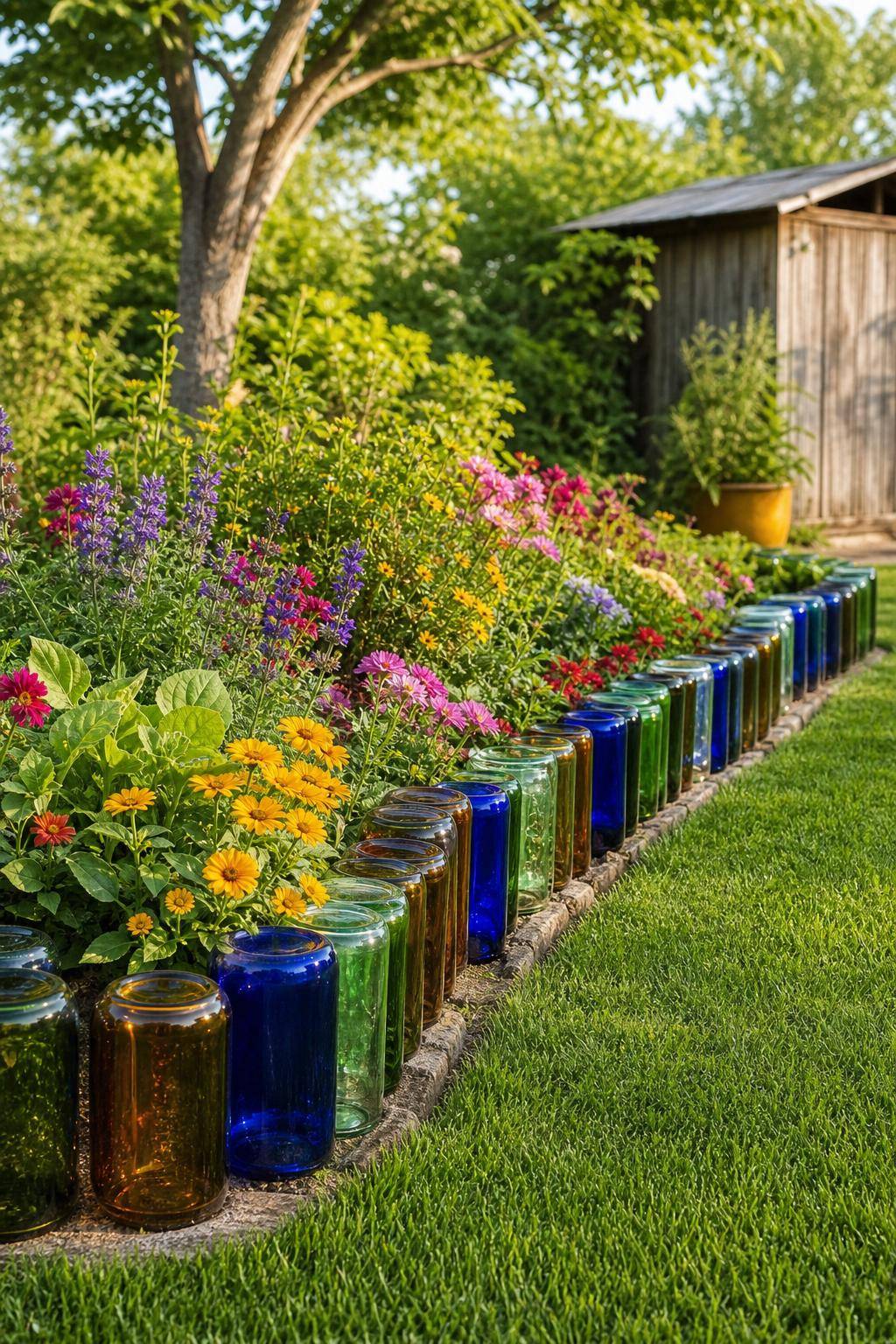 Garten-Upcycling-Ideen- Dekoriere mit Flaschen bunte Beetbegrenzungen