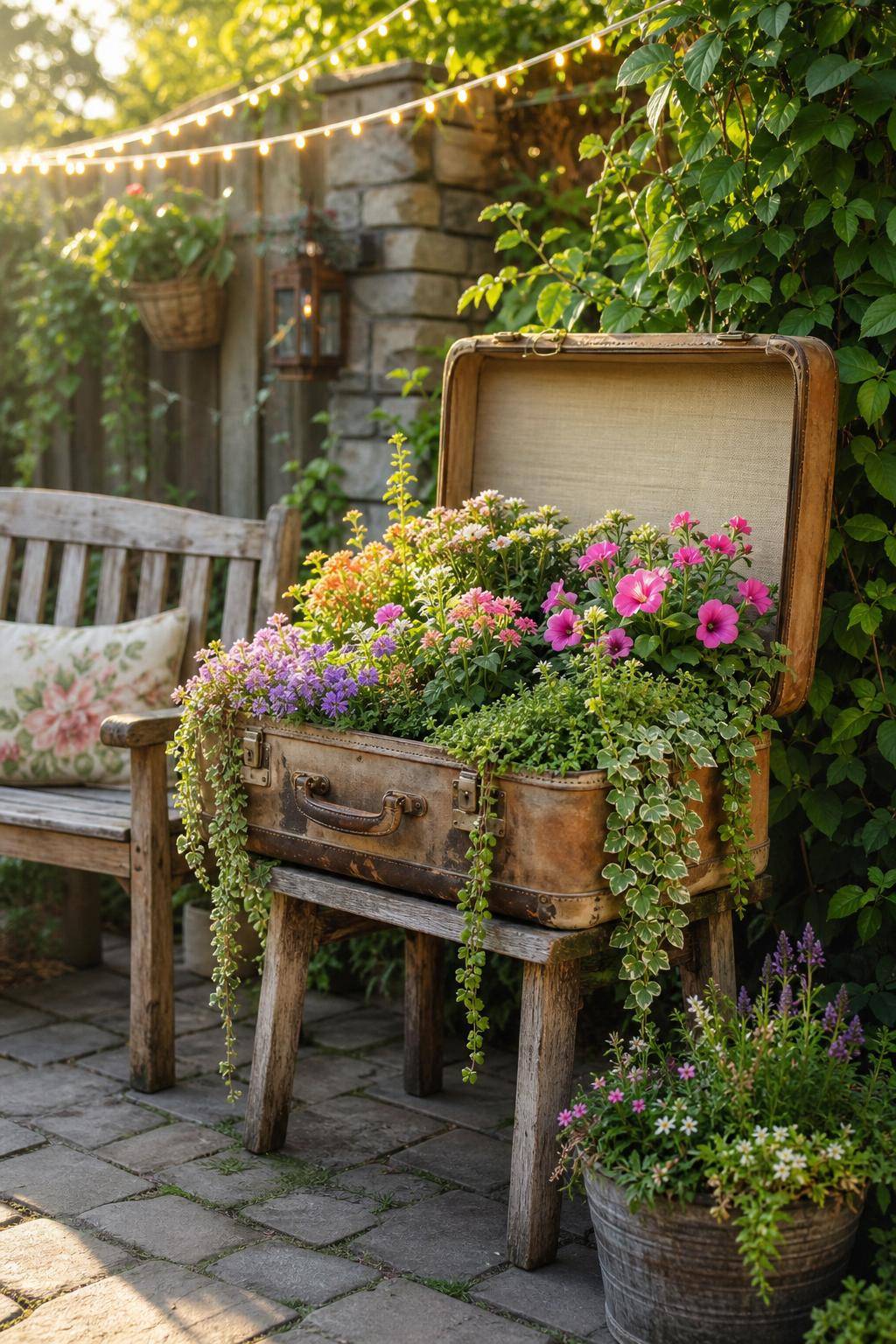 Garten-Upcycling-Ideen- Erschaffe mit Koffer originelle Pflanztische