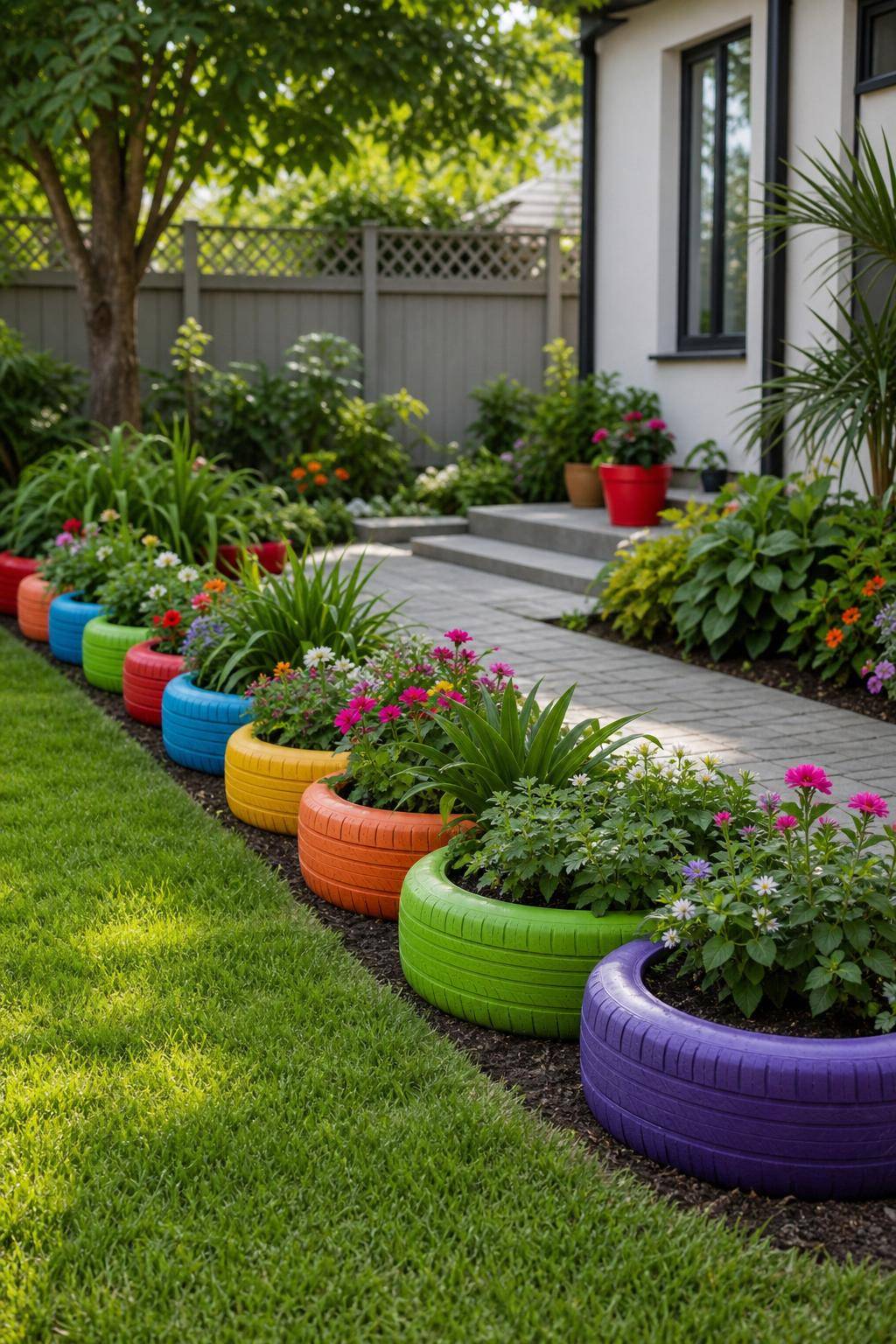 Garten-Upcycling-Ideen- Gestalte aus Autoreifen kunterbunte Beeteinfassungen