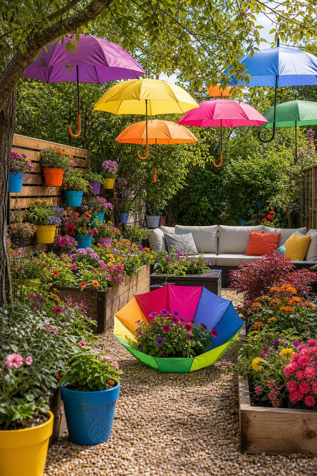 Garten-Upcycling-Ideen- Gestalte aus Regenschirmen bunte Gartendeko