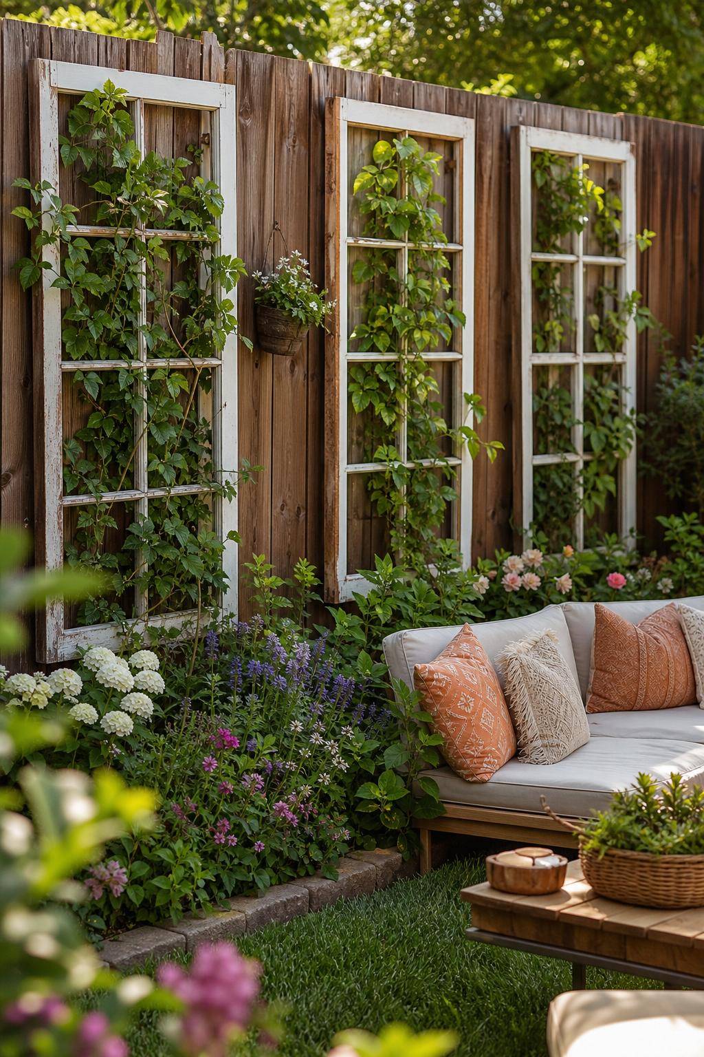 Garten-Upcycling-Ideen- Hänge alte Fensterrahmen als Rankhilfen auf