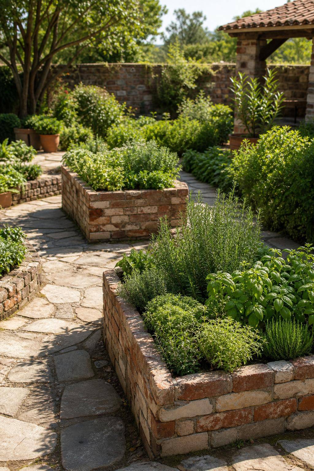 Garten-Upcycling-Ideen- Kreire aus Ziegelsteinen originelle Kräuterbeete