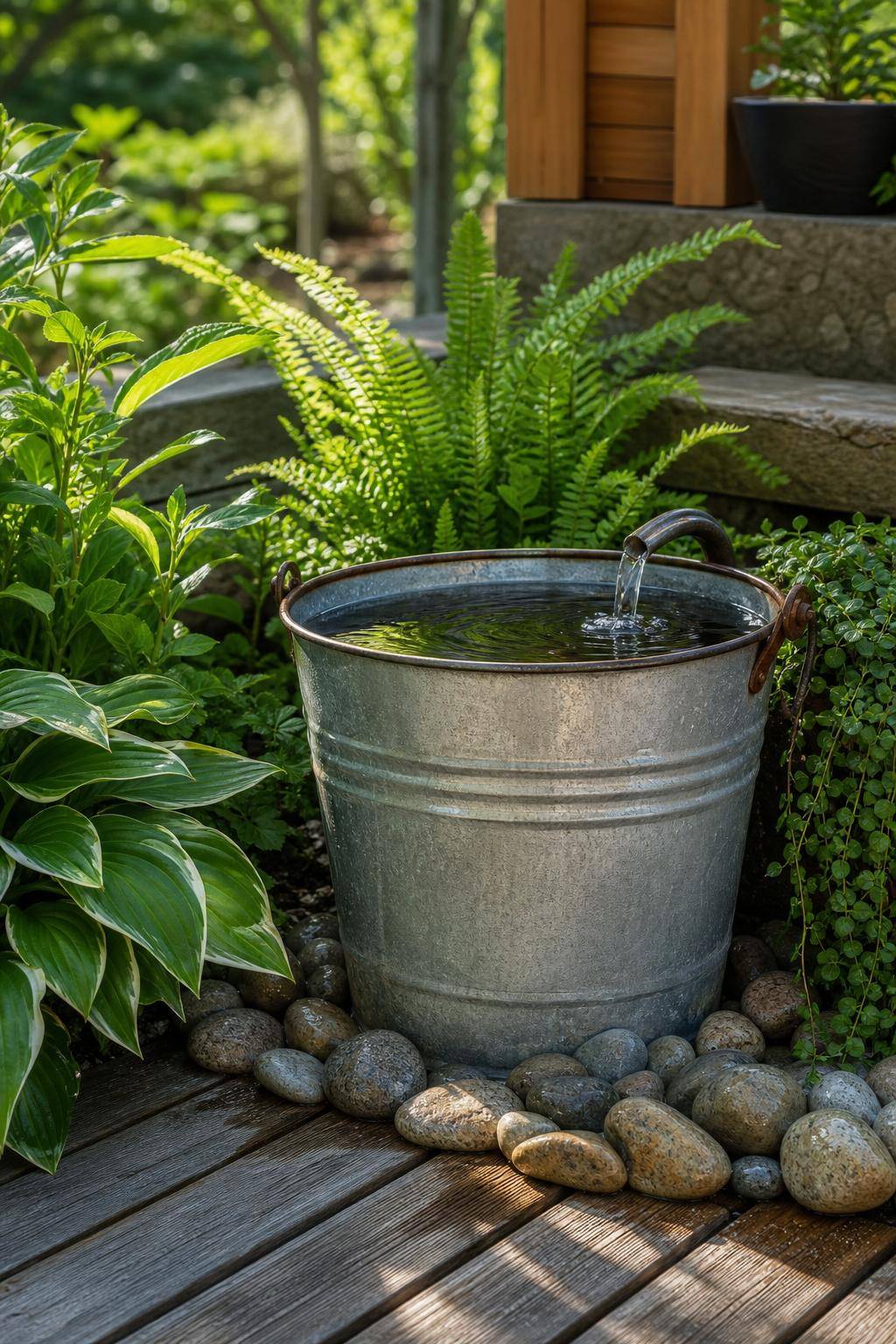 Garten-Upcycling-Ideen- Nutze ausgediente Eimer als Wasserbecken
