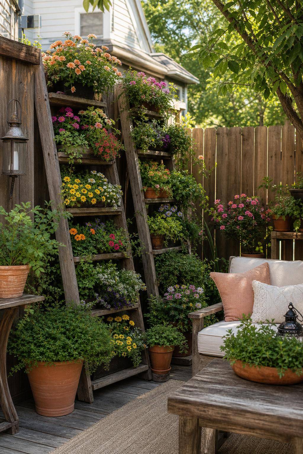 Garten-Upcycling-Ideen- Upcycle aus alten Leitern vertikale Blumenwände